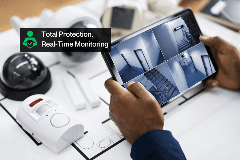 Professional reviewing security camera feeds on a tablet with security equipment laid out, illustrating BDR Group’s real-time property monitoring solutions for comprehensive security.