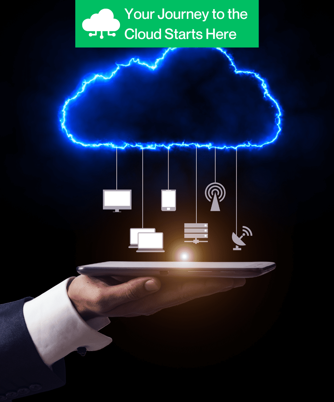 Illustration of devices connected to cloud technology, representing BDR Global's cloud transformation services.