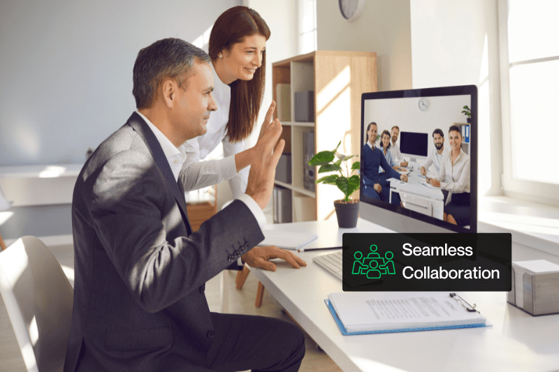Professionals in a collaborative workspace using BDR’s integrated connectivity solutions, enhancing communication and teamwork.