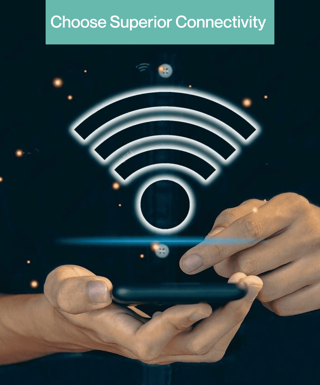 Hands holding a smartphone with a WiFi symbol hologram, indicating high-quality wireless connectivity available through BDR's services.