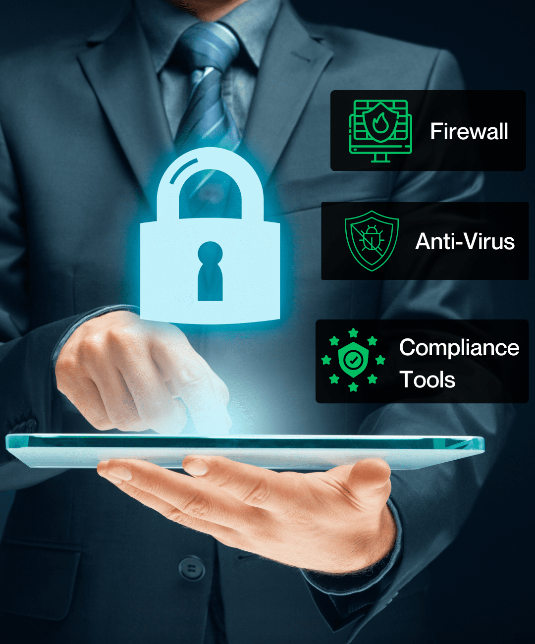 Collage of BDR’s Cybersecurity features including firewall, anti-virus, and compliance tools, highlighting the comprehensive protection offered.