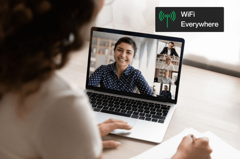 Team conducting a virtual conference using BDR’s WiFi, showing diverse locations, to illustrate reliable and widespread connectivity.